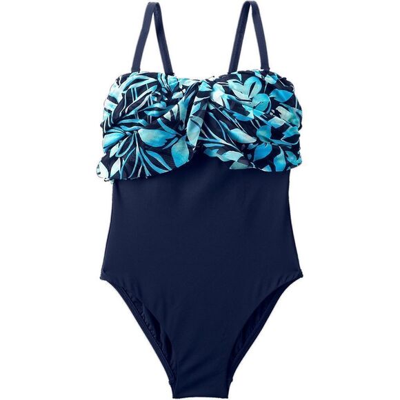 Land's End 1 Piece Bandeau high leg mesh Fauxkini Navy Graphic Floral Print Var - Picture 8 of 11